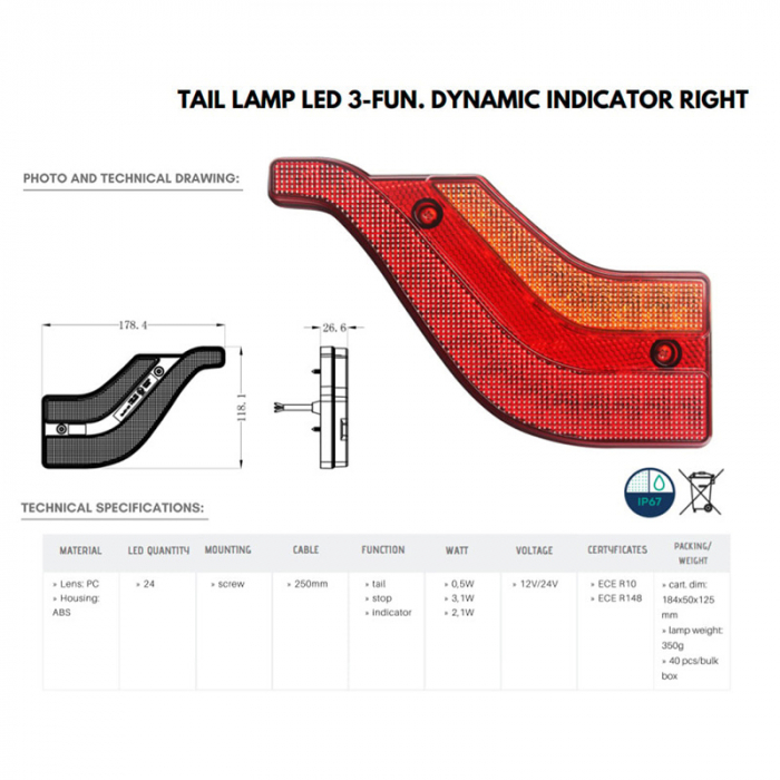 Lampa semnalizare spate, semnalizare dinamica, LED, 24 LED-uri, 3 functii - Truck LED L1952 1951 [5]