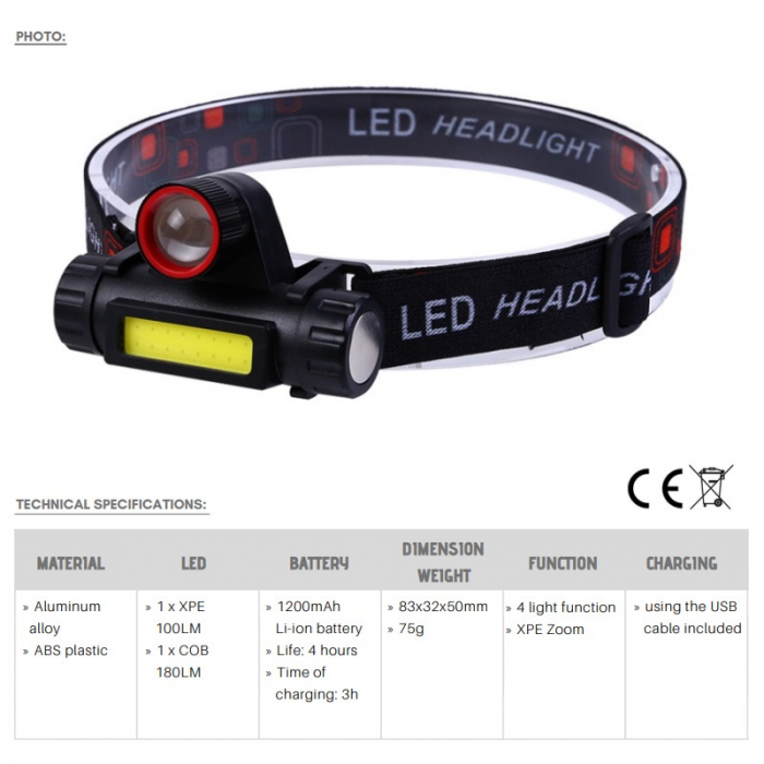 Lanterna de cap reincarcabila, cu 4 functii, zoom si stroboscop - Truck LED LA0101 [2]