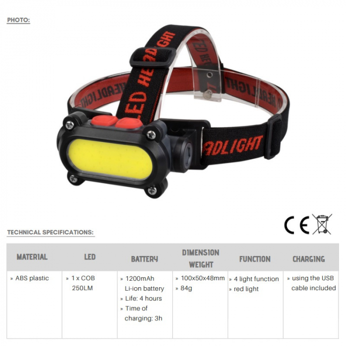 Lanterna de cap reincarcabila cu 4 moduri de lumina si stroboscop rosu - Truck LED LA0102 [2]