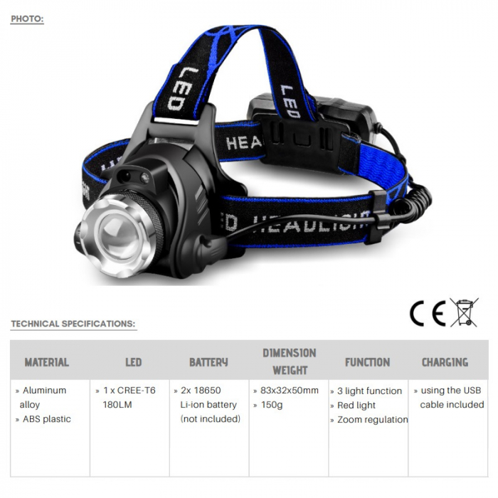 Lanterna de cap reincarcabila cu zoom si 3 moduri lumina, corp aluminiu - Truck LED LA0103 [2]