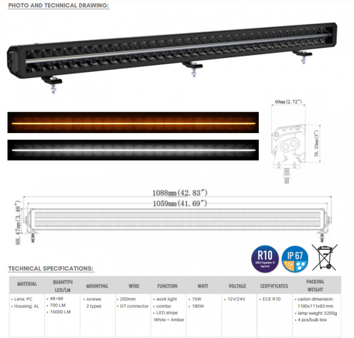 Led Bar, Bara LED-uri, faza cu pozitie alba si galbena, 109cm, 1224V - Truck LED LB0099 [16]