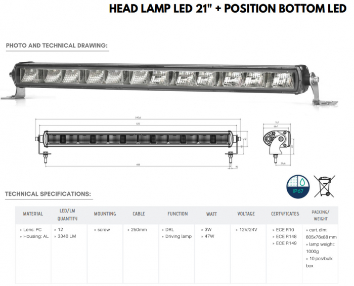 Led Bar cu pozitie si faza, 1224V, 3340LM, 520mm - Truck LED L3418 [7]