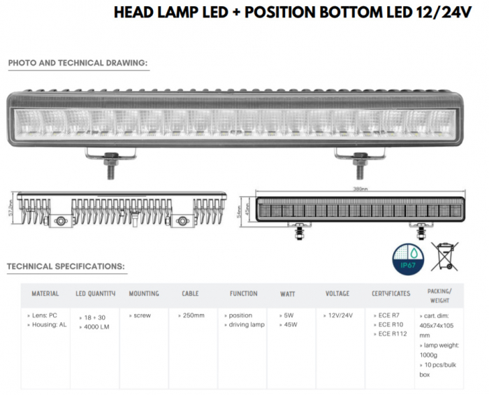 Led Bar, Faza Lunga si pozitie LED, 380mm, Proiector 45W - Truck LED L3416 [10]