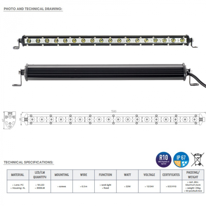 Led bar slim 18 x LED, 50cm, 1224V, 2000LM - Truck LED LB0103 [4]
