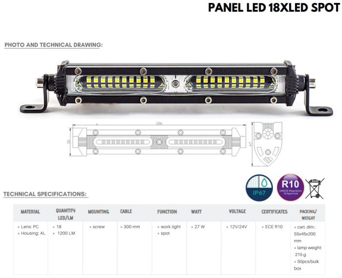 Led Bar Slim, 27w, 18,6cm, Full LED - Truck LED LB0074 [2]