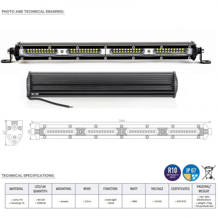 Led bar slim 40 x LED, 34cm, 1224V, 2200LM - Truck LED LB0120 [3]