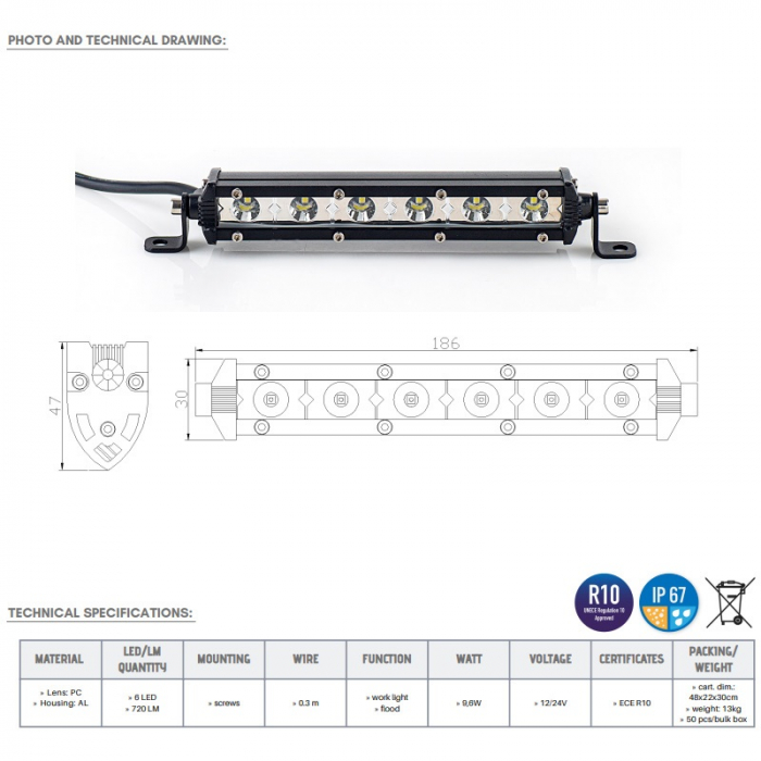 Led bar slim 6 x LED, 186cm, 1224V, 720LM - Truck LED LB0100 [5]