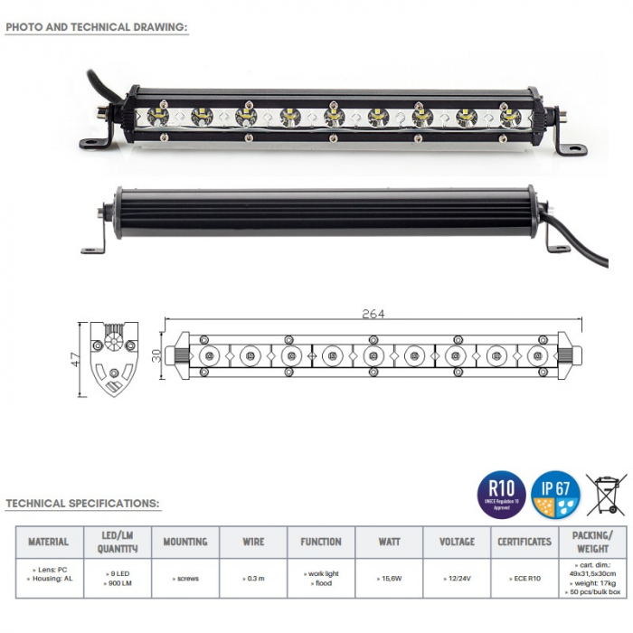 Led bar slim 9 x LED, 26.4cm, 1224V, 1200LM - Truck LED LB0101 [5]