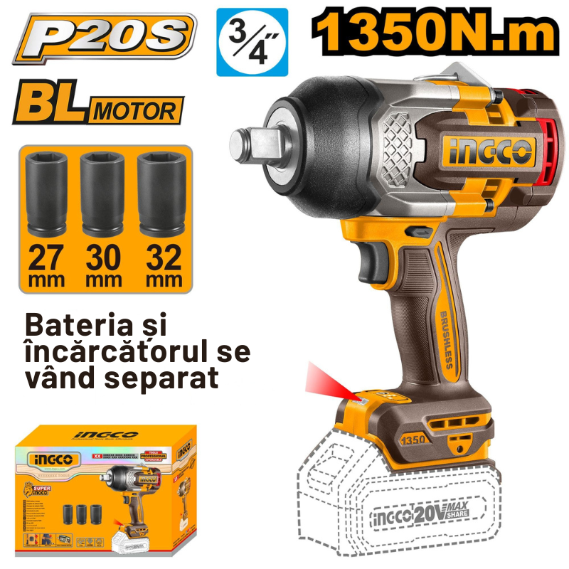 Masina de insurubat cu Impact fara Perii Ingco, 20V, 1900 Nm, 3/4" [6]