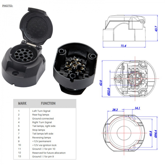 Priza electrica remorca 13 pini, mama, 12V, dimensiune redusa - Truck LED G13-D [3]