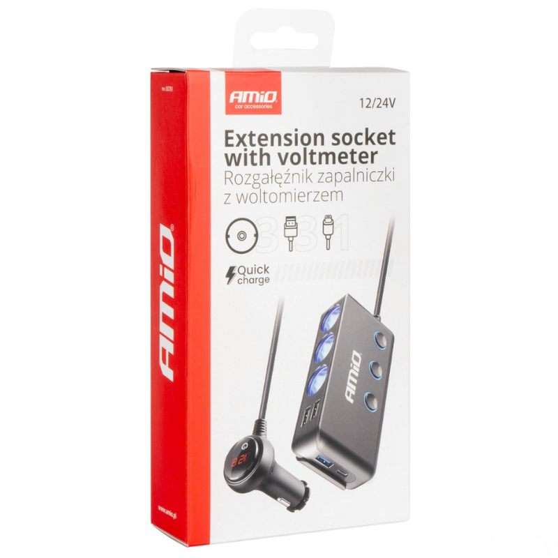 Multiplicator Priza Bricheta Auto, 3 Socluri 200W, 4 Porturi USB Quick Charge QC3.0 PD, Cablu 1m, Volmetru LED 12-24V [9]