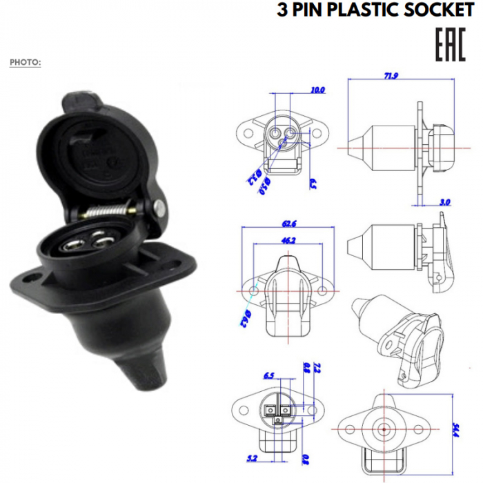 Priza, fisa electrica remorca 3 pini mama, 1224V - Truck LED E0002-A [3]