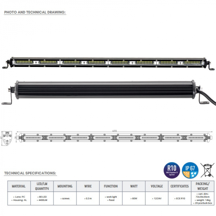 Proiector auto led bar slim 80 x LED, 65.5cm, 1224V, 4400LM - Truck LED LB0122 [4]