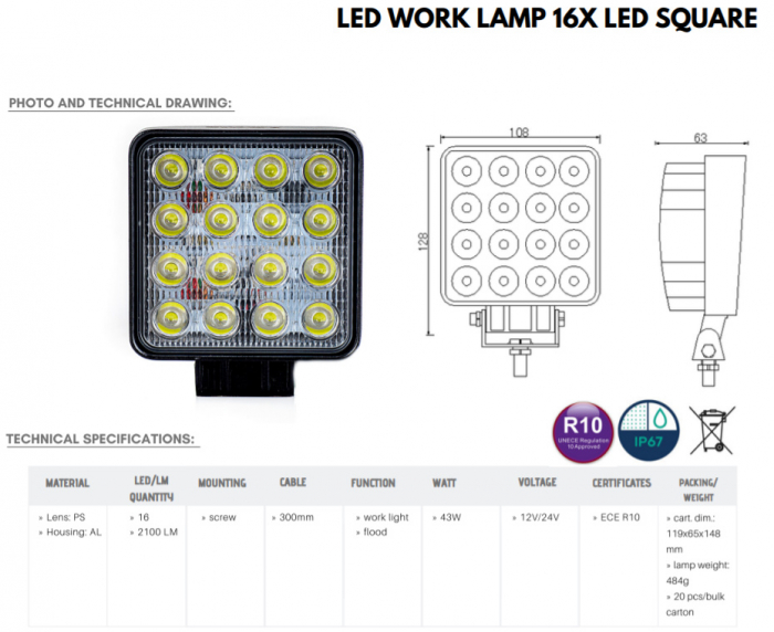 Proiector de lucru, 43w, 12/24V, marşarier - Truck LED  L0081 [5]