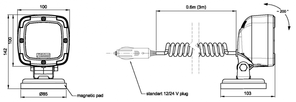Proiector de lucru cu magnet LED , Aluminiu, 12/24V, 14.20cm, cablu spiralat 3m, 2800lm [8]