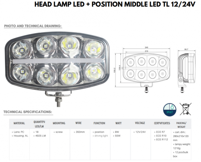 Proiector Full-Led, Pozitie si Faza Lunga Led, 1224V, Dreptunghiular - Oval - Truck LED L3412 [12]