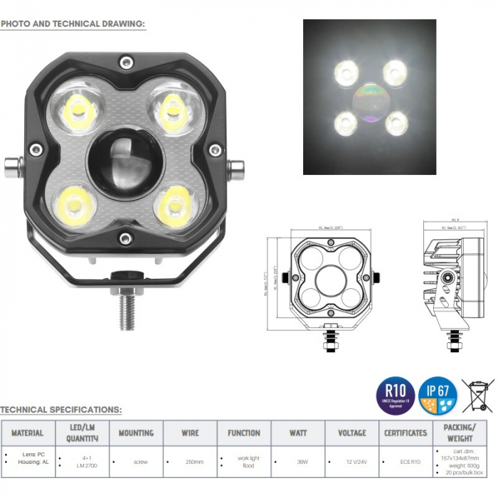 Proiector auto LED cu lentile convexe, flood, 8.18 x 9.44 x 6.15cm, 2700lm, 39w [3]
