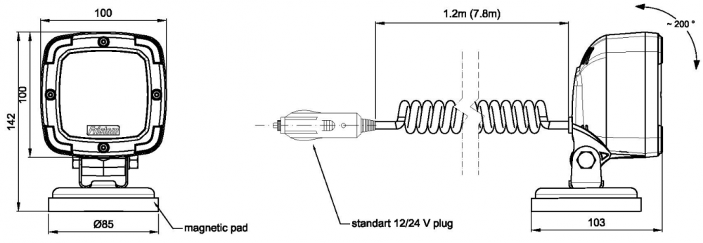 Proiector LED de lucru cu magnet, 12/24V, 14.20cm, cablu spiralat 7.8m, 650lm [4]