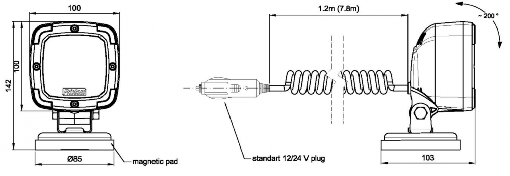 Proiector LED de lucru cu magnet, Aluminiu, 12/24V, 14.20cm, cablu spiralat 7.8m, 2800lm [4]