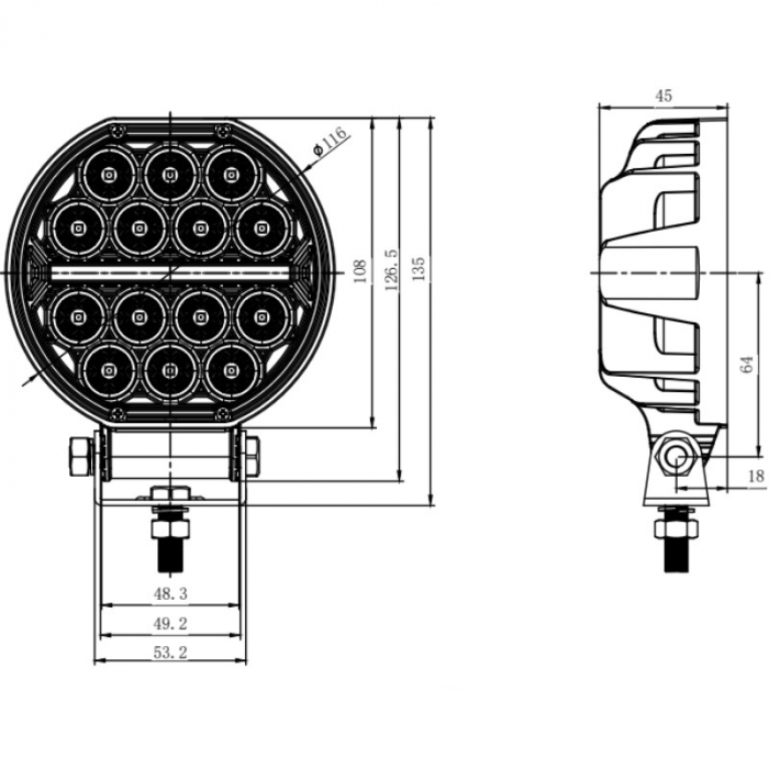 Proiector auto rotund cu LED, faza si pozitie, flood, 10.8 x 4.5cm, 1300lm, 18W [2]