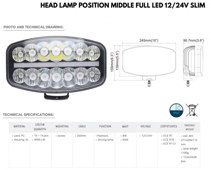 Proiector Slim, Full-Led, Pozitie si Faza Lunga Led, 1224V, Dreptunghiular - Oval - Truck LED L3419 [11]