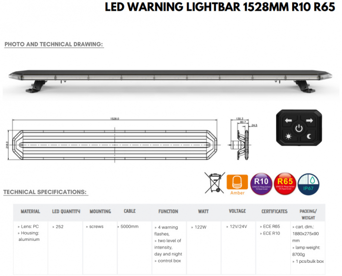 Rampa girofar LED, 1528mm, 1224V, joc lumini, cu telecomanda - Truck LED BLK0043 [8]