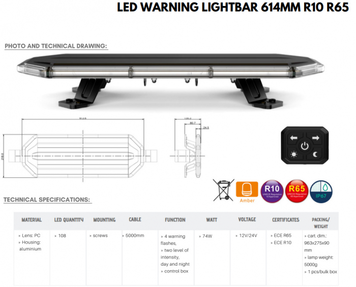 Rampa girofar LED, 613.6mm, 1224V, joc lumini, cu telecomanda - Truck LED BLK0039 [9]