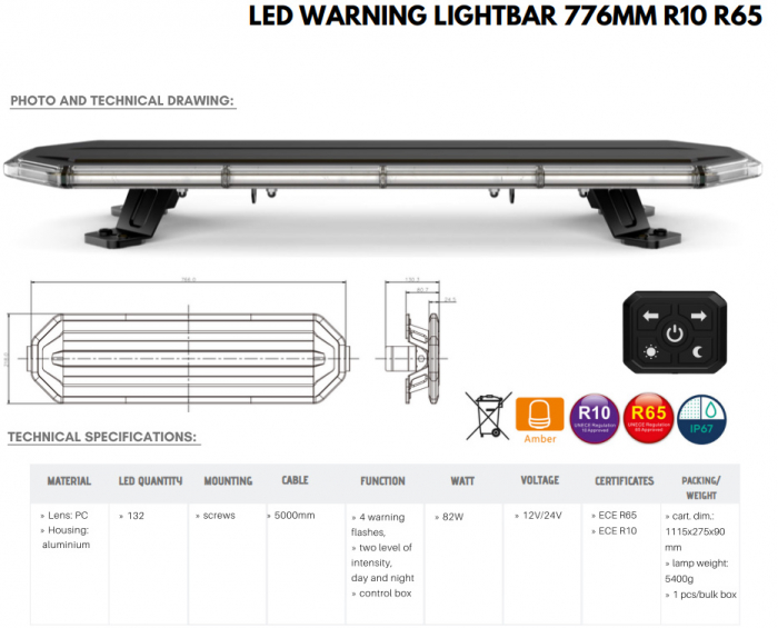Rampa girofar LED, 766mm, 1224V, joc lumini, cu telecomanda - Truck LED BLK0040 [9]