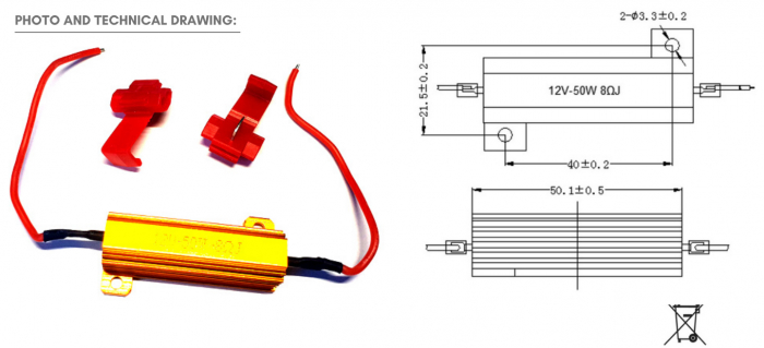 Rezistor 50w, 8Ohm, 12V, anulator eroare bec ars pentru LED-uri [2]