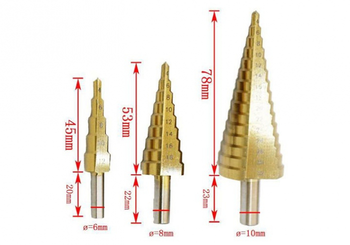 Set 3 burghie conice în trepte otel, 4-32 mm [4]