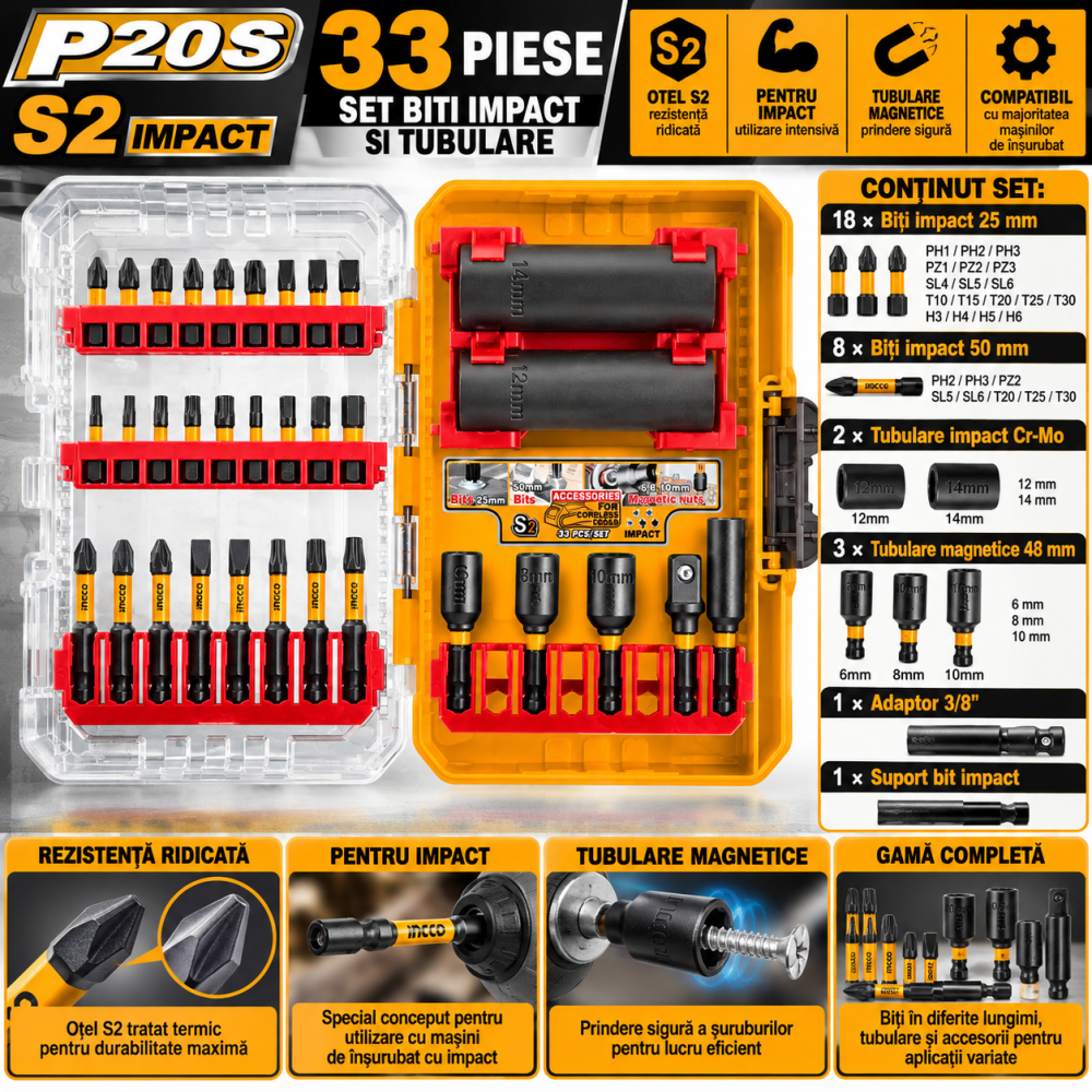 Set biti impact si tubulare 33 buc, Cr-Mo, S2 [6]