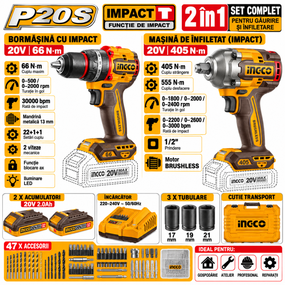 Set bormasina cu impact 20V, 66Nm, si masina de infiletat 20V, 405Nm, cu 2 acumulatori, P20S [7]