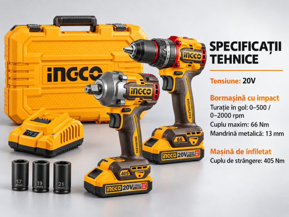 Set bormasina cu impact 20V, 66Nm, si masina de infiletat 20V, 405Nm, cu 2 acumulatori, P20S [4]
