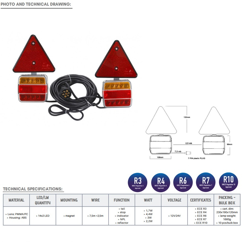 Set Triple, Kit Lampi auto, remorca, 7.5m, 5 functii, triunghi si magnet [2]