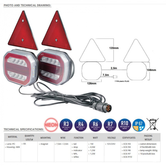 Set lampi stop remorca, LED, efect neon, 7.5m, 7 pini, L2412 - Truck LED L2412-Z [3]