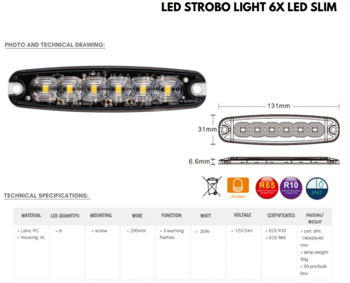 Stroboscop Slim, Lampa Speciala De Avertizare, Galbena, 6 LED-uri, 131mm - Truck LED LW0038-2 [3]