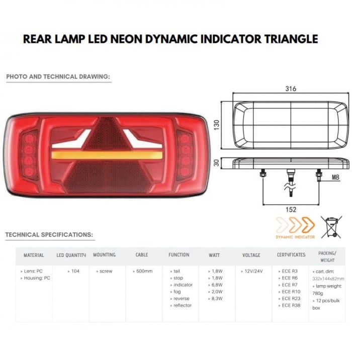 Tripla cu semnalizare dinamica si triunghi, 316 x 130mm - Truck LED 1918 L1919 [4]