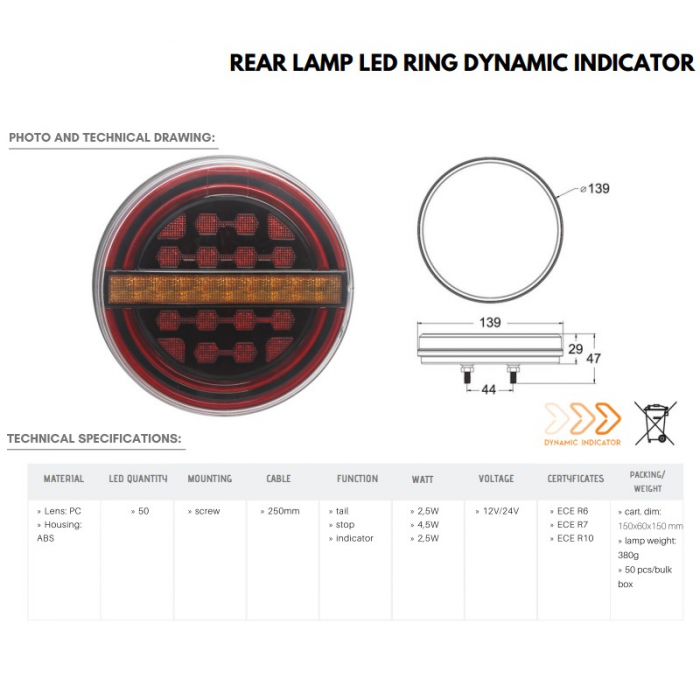 Tripla, lampa semnalizare spate rotunda, 139mm, cu 3 functii, pentru remorci si trailere cu semnalizare dinamica - Truck LED L1909 [6]