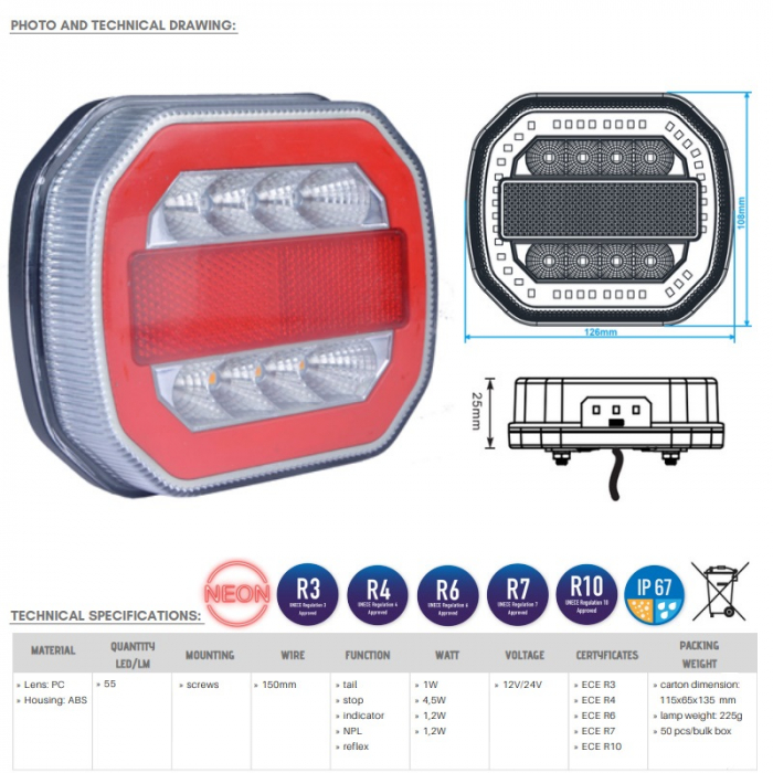 Tripla, lampa stop LED cu efect Neon si 5 functii, 108 x 126mm - Truck LED L2413 L2412 [3]