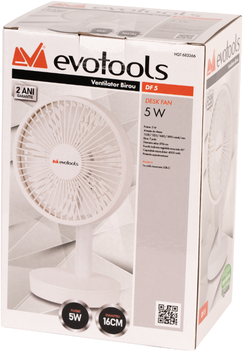 Ventilator de Birou cu Acumulator, 5W, 16cm Diametru, 4000mAh, 4 Trepte Viteza, Inclinare 40 grade [2]