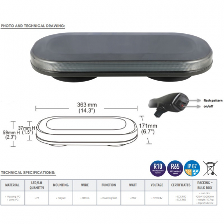 Bara de avertizare, rampa girofar LED 363 x 171 x 37mm, Fumurie - Truck LED BLK0052 [6]
