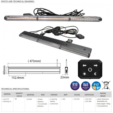 Bara LED de avertizare slim, stroboscop cu telecomanda [6]
