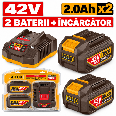 Set 2 acumulatori Li-Ion INGCO P42M, 42V Max, 2Ah, cu incarcator