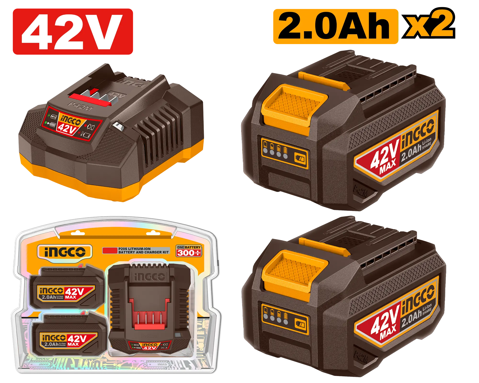 Set 2 acumulatori Li-Ion INGCO P42M, 42V Max, 2Ah, cu incarcator [6]