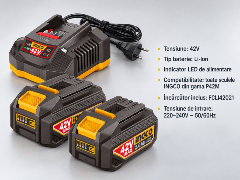 Set 2 acumulatori Li-Ion INGCO P42M, 42V Max, 2Ah, cu incarcator [2]