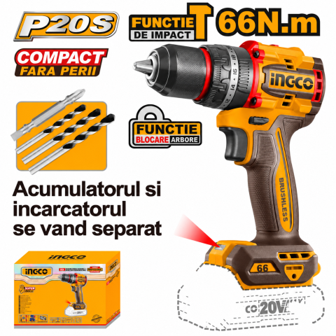 Masini gaurit, filetat cu acumulator - Bormasina cu impact 20V, cuplu 66 Nm, P20S, control eficient la gaurire si insurubare