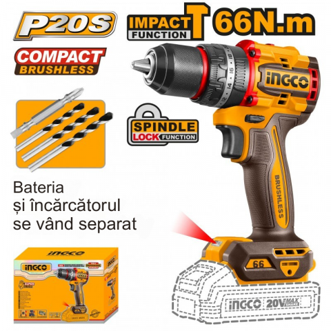 Scule electrice - Bormasina cu percutie, motor fara perii, 20V, 66Nm, Mandrina Metalica 13mm