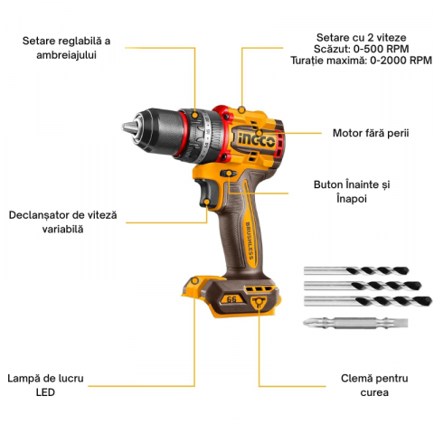 Bormasina cu percutie, motor fara perii, 20V, 66Nm, Mandrina Metalica 13mm [9]