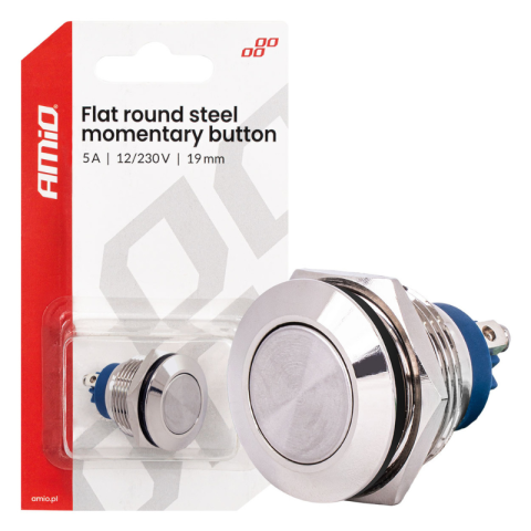 Accesorii Diverse - Buton rotund plat, momentan, otel, 1,9 cm, 12/230V, 5A, pentru control circuite
