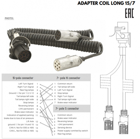 Cablu electric spiralat cu adaptor Tip Y, 15 pini la 2 x 7 pini, N/S, 3.8m, 24V [1]